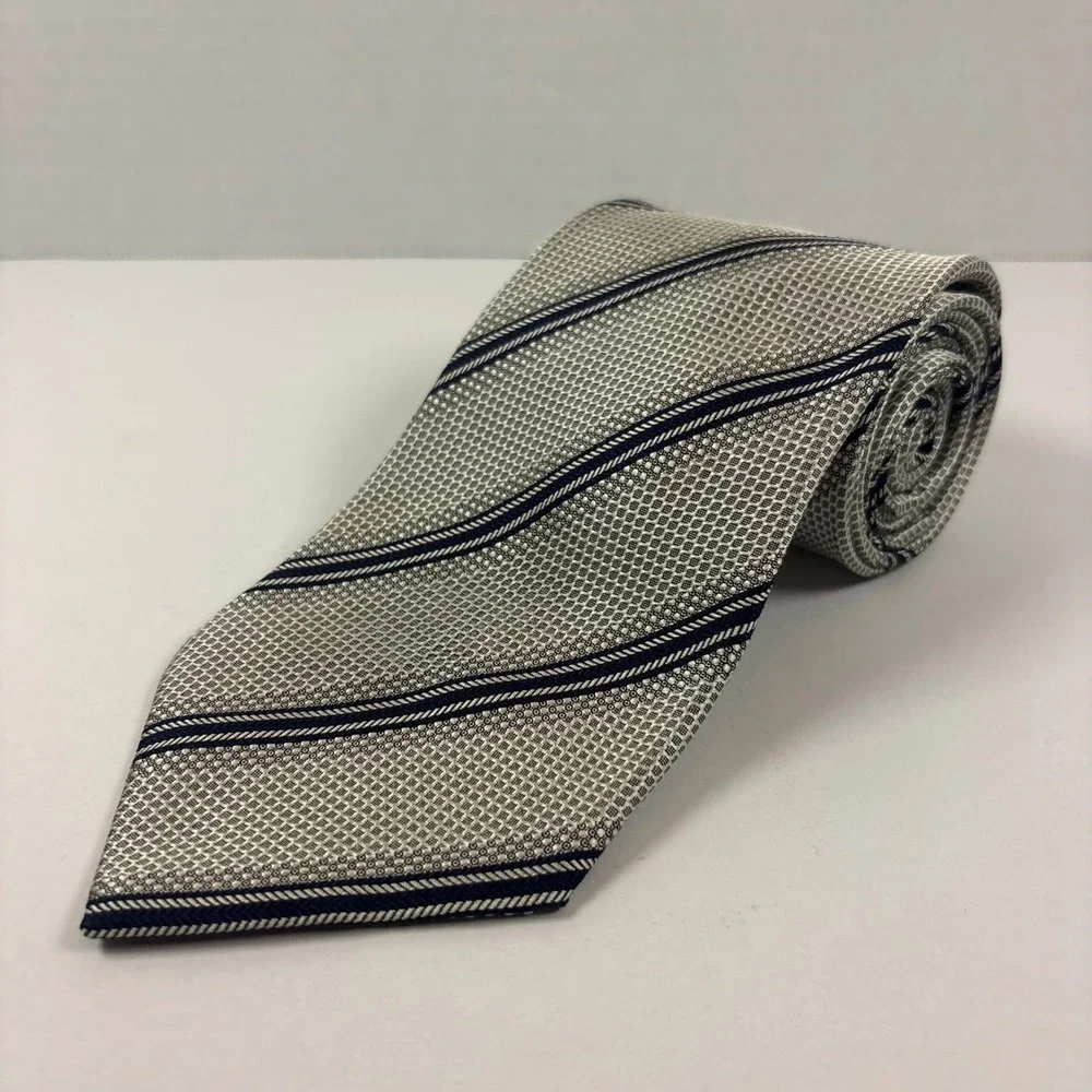 Brioni Necktie Mens OS Silver Navy Blue Striped Silk Textured Geometric Italy